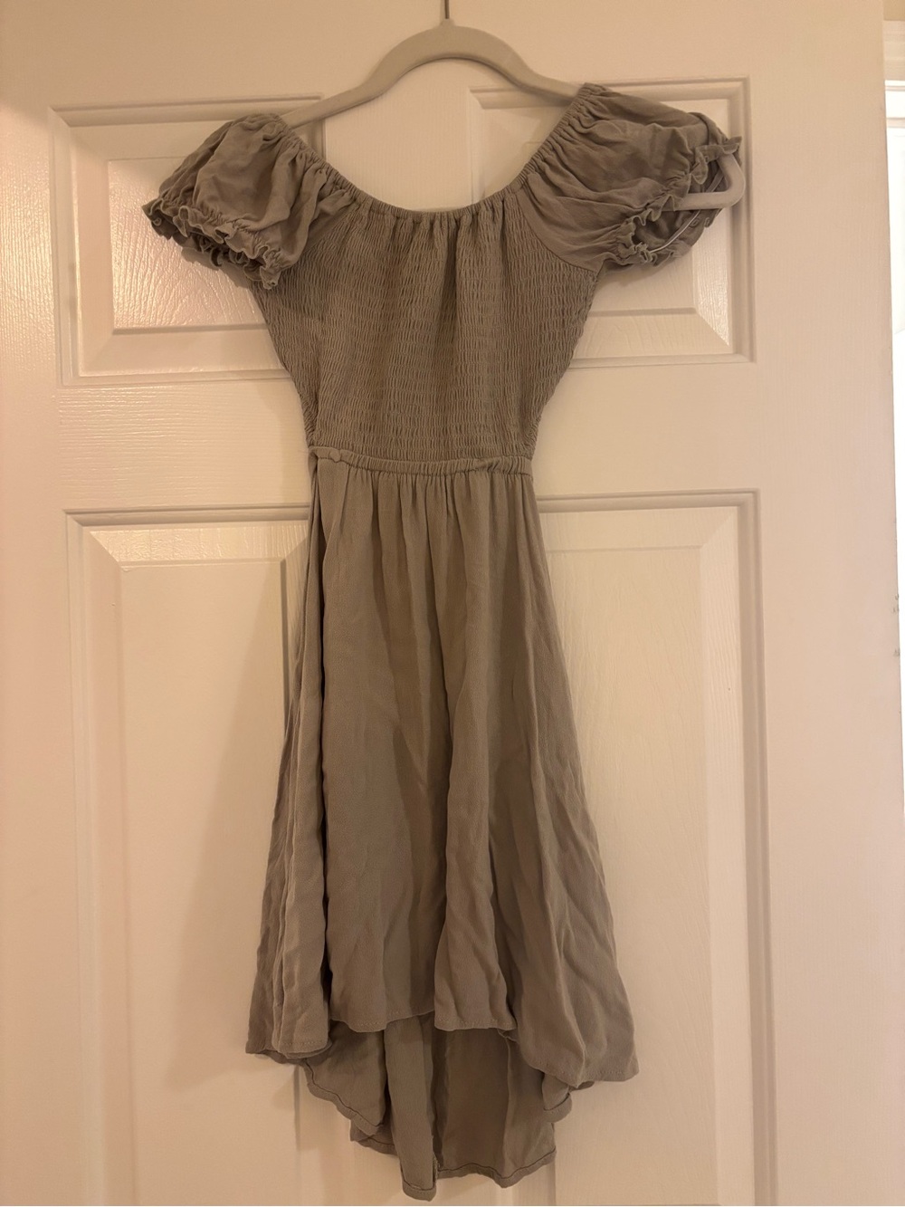 Off-Shoulder Light Green Smocked Midi Dress